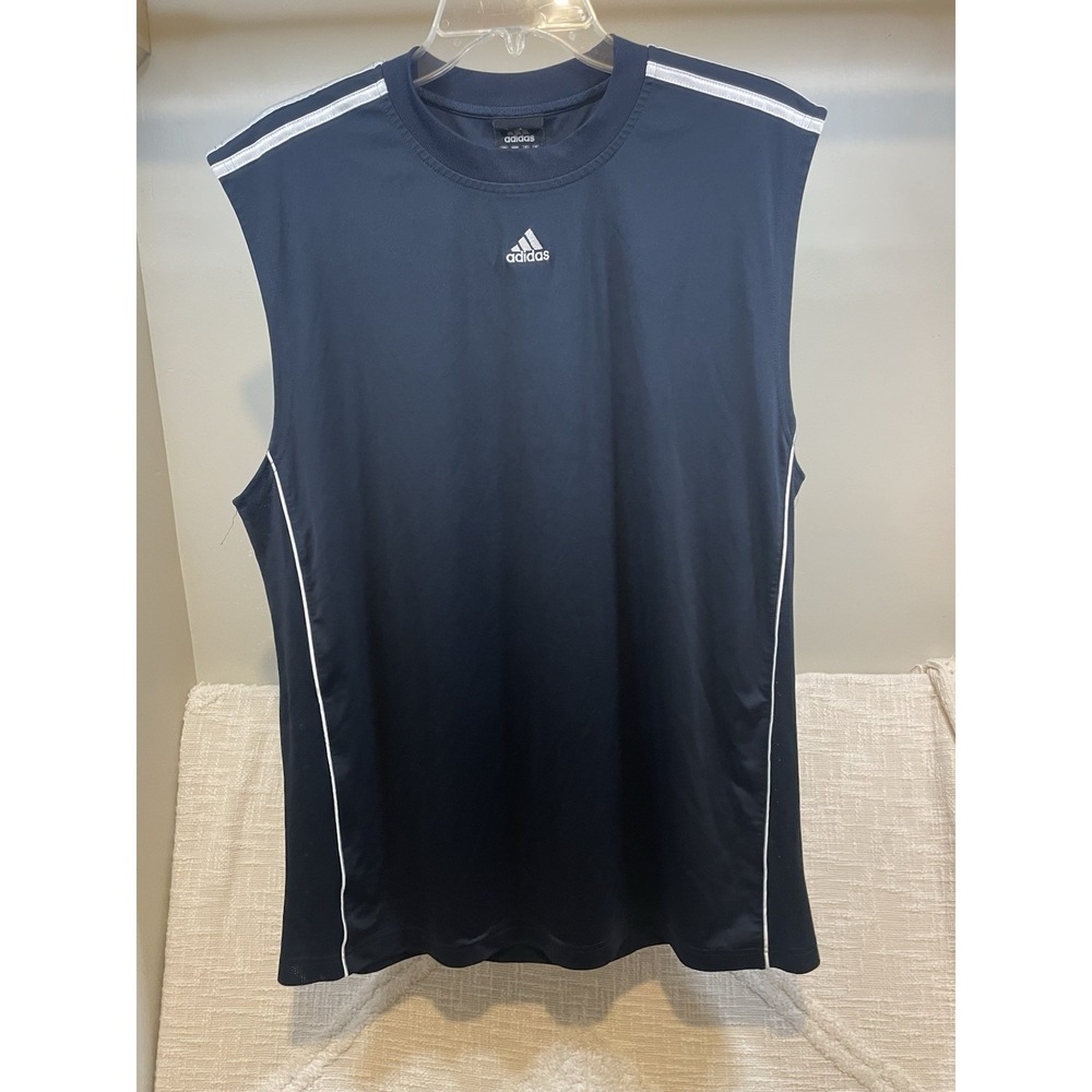Adidas Navy Blue Sleeveless 3-Stripes Mens L Athletic Center Logo Basketball Y2K